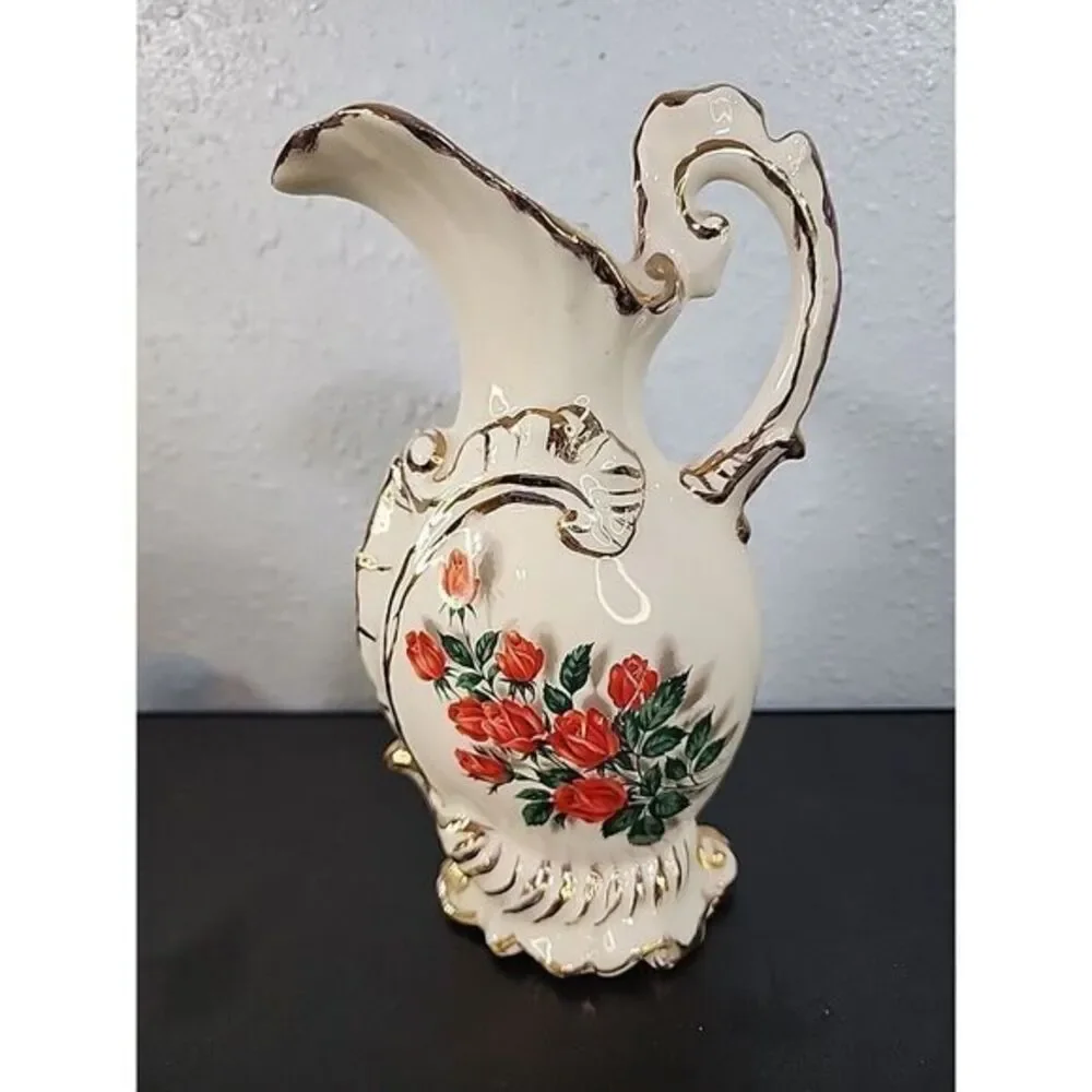 VINTAGE, GILDED, ORNATE CERAMIC, PITCHER/JUG/FLORAL VASE,‎ SINGLE ROSE,